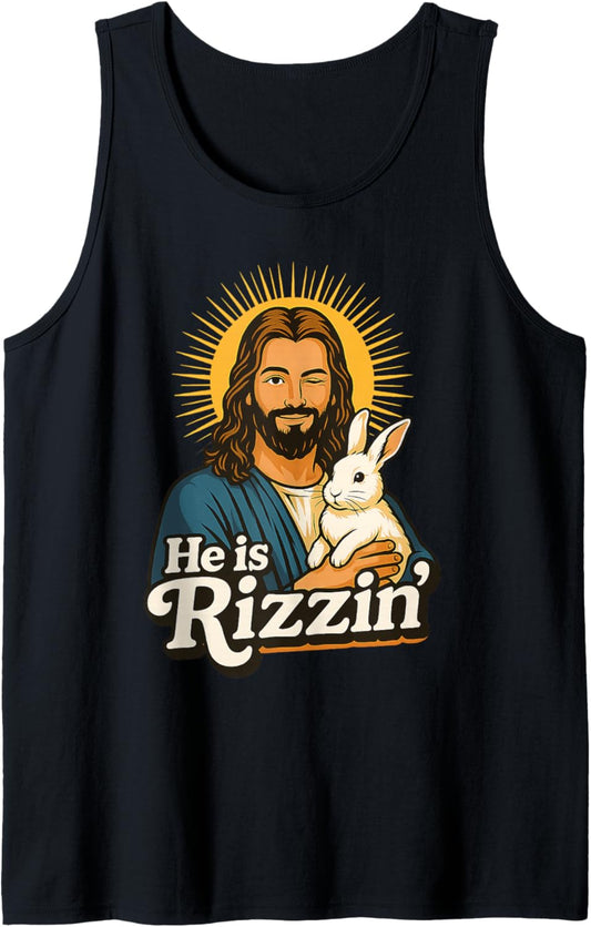 He Is Rizzin' Funny Easter Jesus Meme Bunny Humor Tank Top