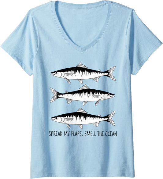 Womens Spread My Flaps Smell The Ocean Funny Raunchy Sardines Meme V-Neck