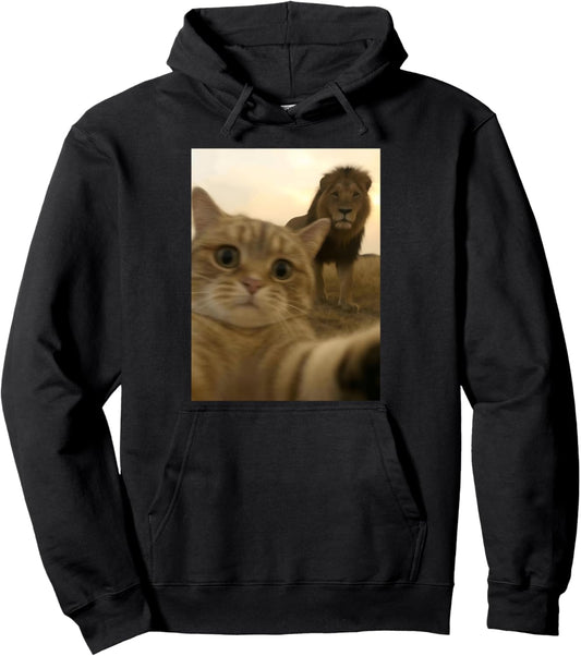 Funny Cat Lion Selfie Weird Meme Brainrot Humor Pullover Hoodie